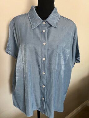 2Fly Button Front Blouse Short Sleeve XL Blue Tencel Cotton Top NWT